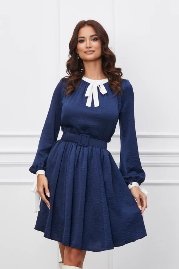rochie bleumarin cu guler alb si funda din satin eleganta in clos rochie bleumarin cu guler alb si funda din satin eleganta in clos