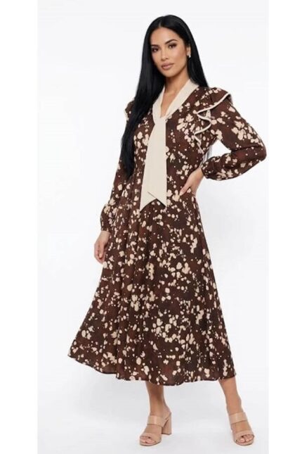 rochie midi maro cu guler esarfa office