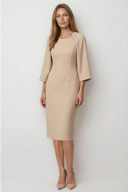 rochie office bej maneci stilizate